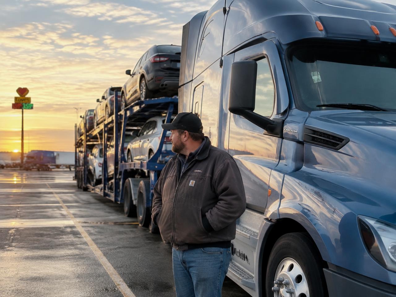 Driver standing beside a car hauler truck